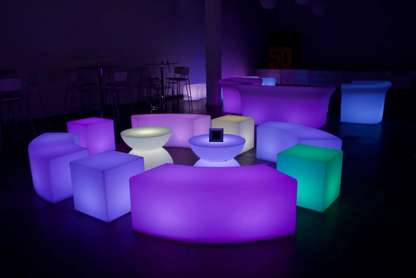 Glowing LED lounge furniture set up for an event in South Florida